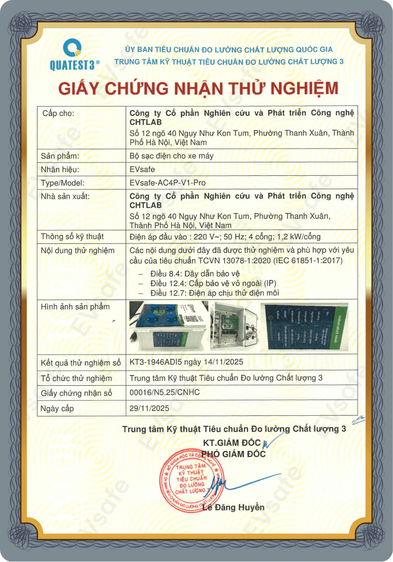 Giấy chứng nhận thử nghiệm thiết bị trạm sạc EVsafe