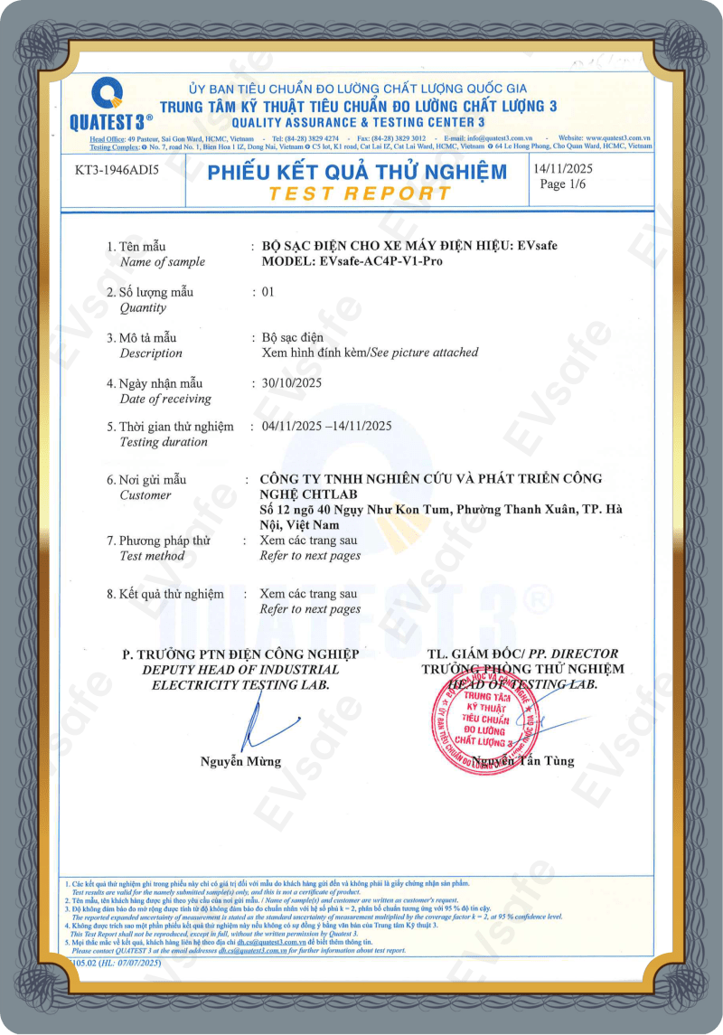 Phiếu kết quả thử nghiệm trụ sạc EVsafe