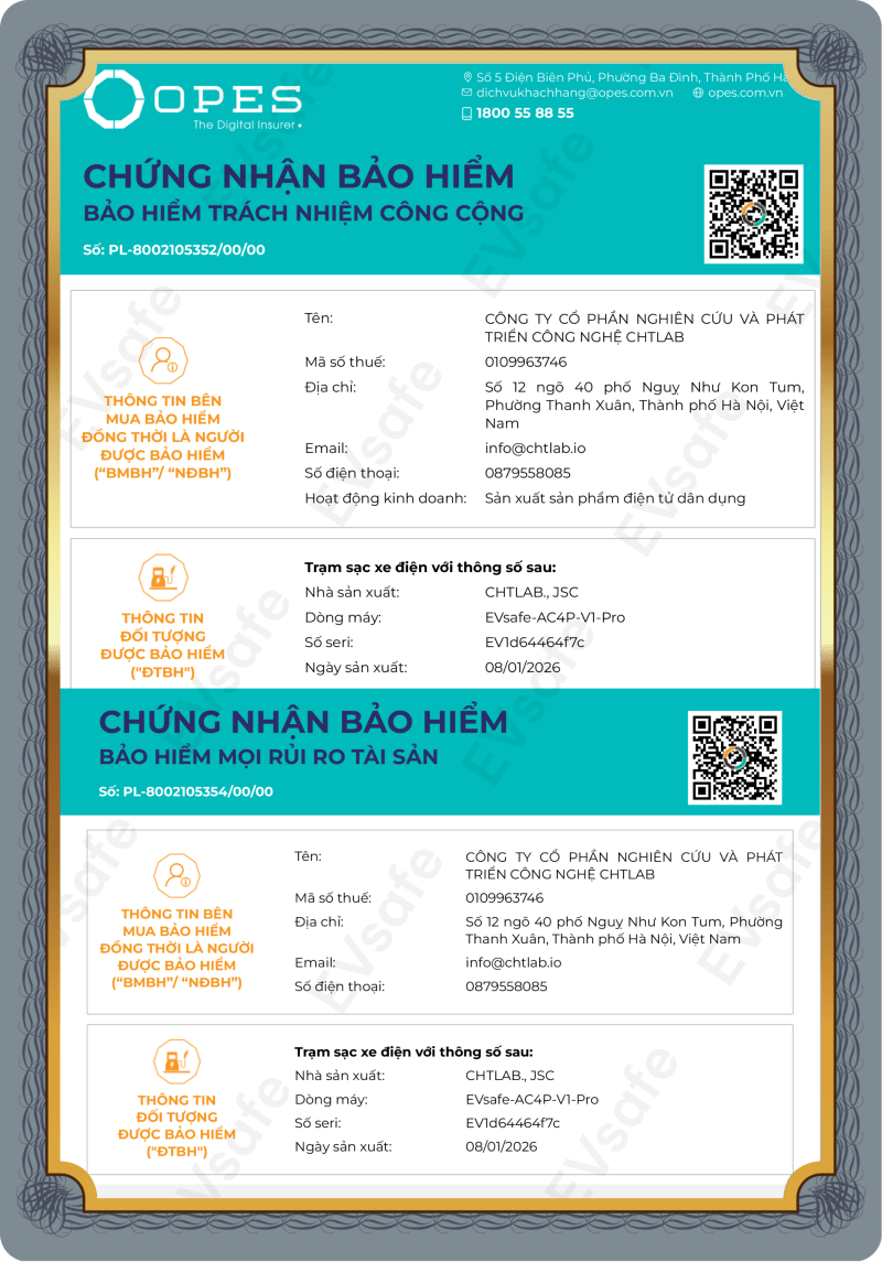 Chứng nhận bảo hiểm cháy nổ OPES cho trạm sạc EVsafe