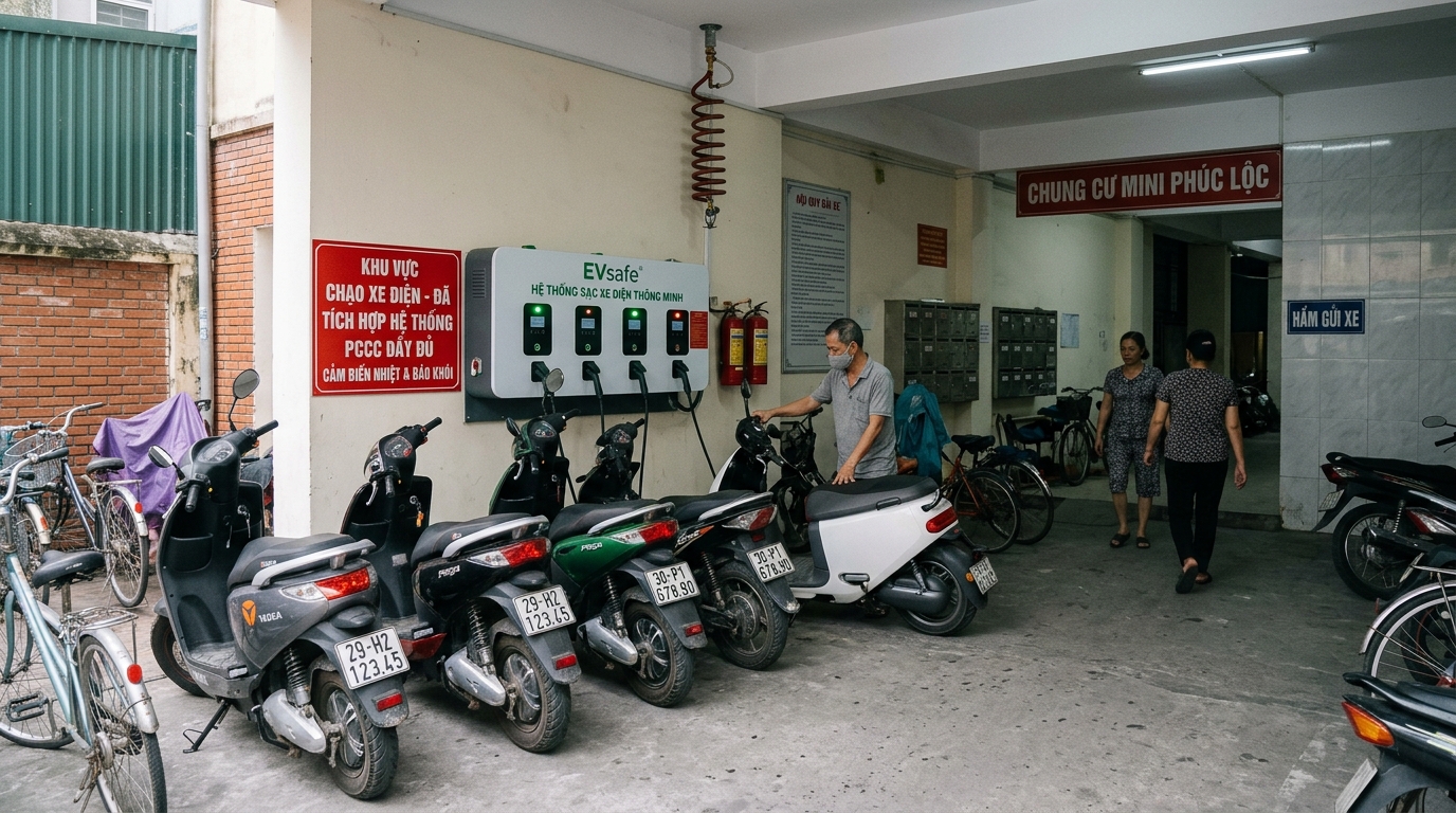 Giải pháp trạm sạc xe máy điện EVsafe với công nghệ an toàn PCCC và thiết kế hiện đại tại khu chung cư mini, đảm bảo an toàn và tiện lợi cho người dùng