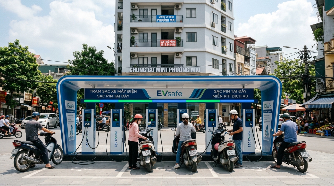 Trạm sạc xe máy điện hiện đại với nhiều cổng sạc, thiết kế sang trọng màu xanh trắng, đèn LED chỉ thị, tòa nhà chung cư mini phía sau, ánh sáng ban ngày rõ ràng