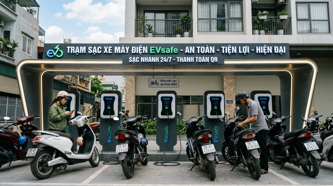 Trạm sạc xe máy điện EVsafe hiện đại với nhiều xe đang sạc, thiết kế sang trọng, đèn LED sáng, tòa nhà chung cư mini phía sau, ánh sáng ban ngày rõ ràng