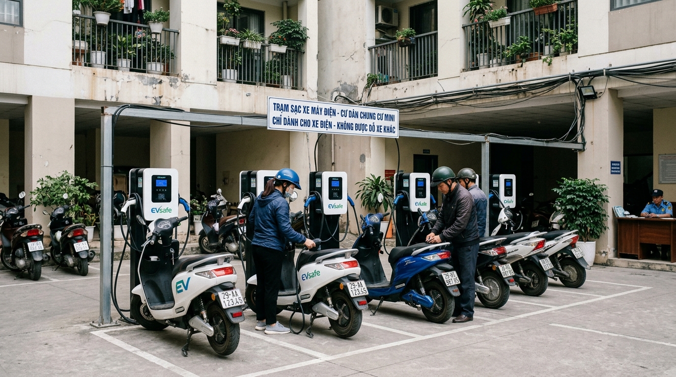 Trạm sạc xe máy điện được lắp đặt tại khu chung cư mini với thiết kế hiện đại, đảm bảo tiện nghi cho cư dân sử dụng xe điện