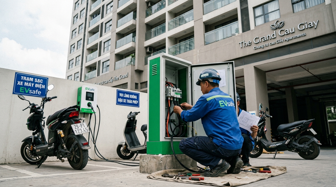 Trạm sạc xe máy điện quận Cầu Giấy đang được lắp đặt tại khu chung cư cao cấp, kỹ thuật viên đang thi công thiết bị sạc, tòa nhà chung cư hiện đại trong nền