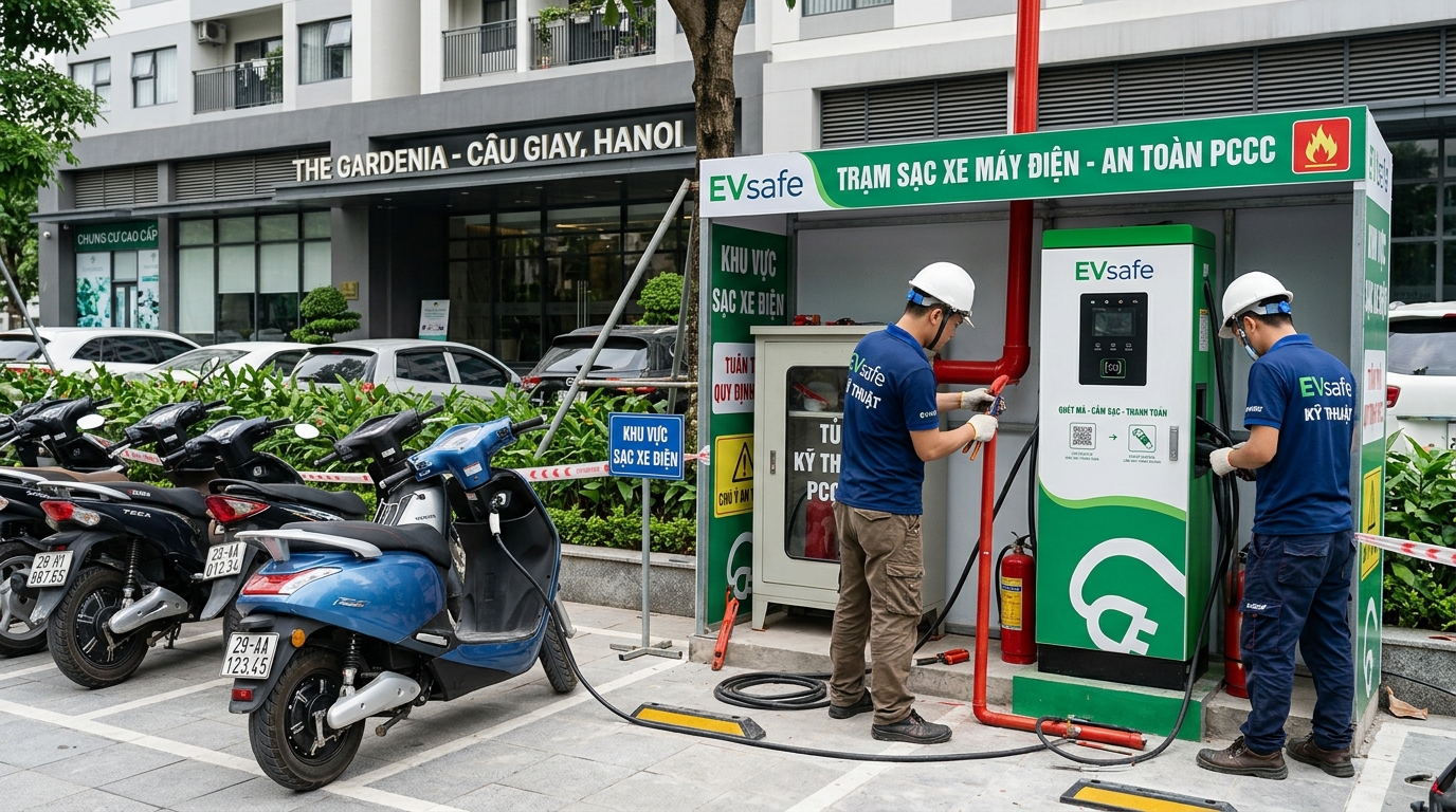Trạm sạc xe máy điện EVsafe được lắp đặt tại chung cư cao cấp quận Cầu Giấy với đội ngũ kỹ thuật đang thực hiện kết nối an toàn PCCC trong điều kiện ánh sáng ban ngày
