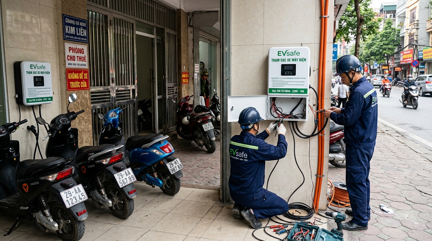 Công nhân kỹ thuật đang lắp đặt trạm sạc xe máy điện tại chung cư mini 25T Trần Duy Hưng, khu vực quận Cầu Giấy, với các thiết bị điện tử và cáp kết nối hiện đại trong không gian đô thị
