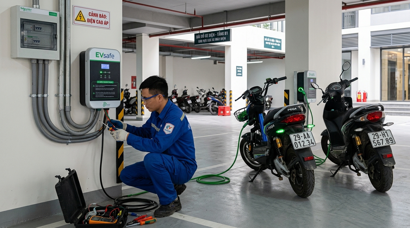 Kỹ thuật viên chuyên nghiệp đang lắp đặt trạm sạc xe máy điện trong tòa nhà chung cư cao cấp tại quận Cầu Giấy, không gian hiện đại với thiết bị kỹ thuật tiên tiến