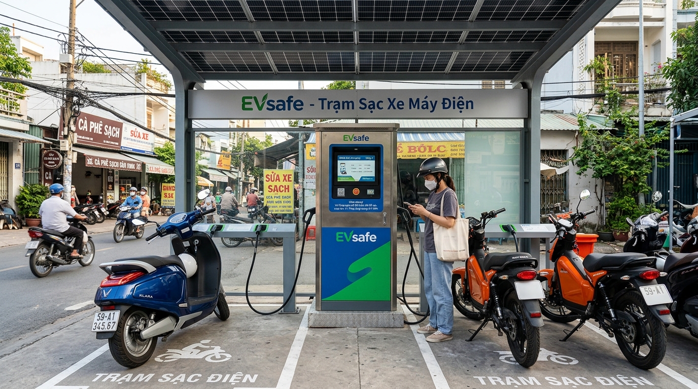 Trạm sạc xe máy điện hiện đại với màn hình hiển thị dữ liệu sử dụng, tấm pin năng lượng mặt trời trên mái, thiết kế công nghiệp sạch sẽ, ánh sáng ban ngày rõ ràng