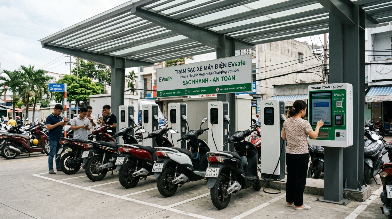 Trạm sạc xe máy điện hiện đại với nhiều xe đang sạc, máy thanh toán kỹ thuật số, không gian ngoài trời sáng sủa, thiết kế tương lai