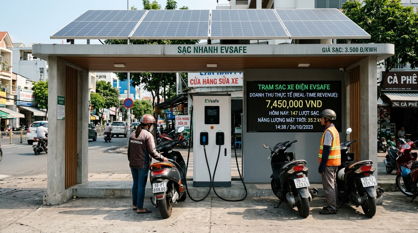 Trạm sạc xe máy điện hiện đại với màn hình kỹ thuật số hiển thị dữ liệu doanh thu thời gian thực, tấm pin năng lượng mặt trời trên mái, thiết kế tối giản, ánh sáng ban ngày rõ ràng