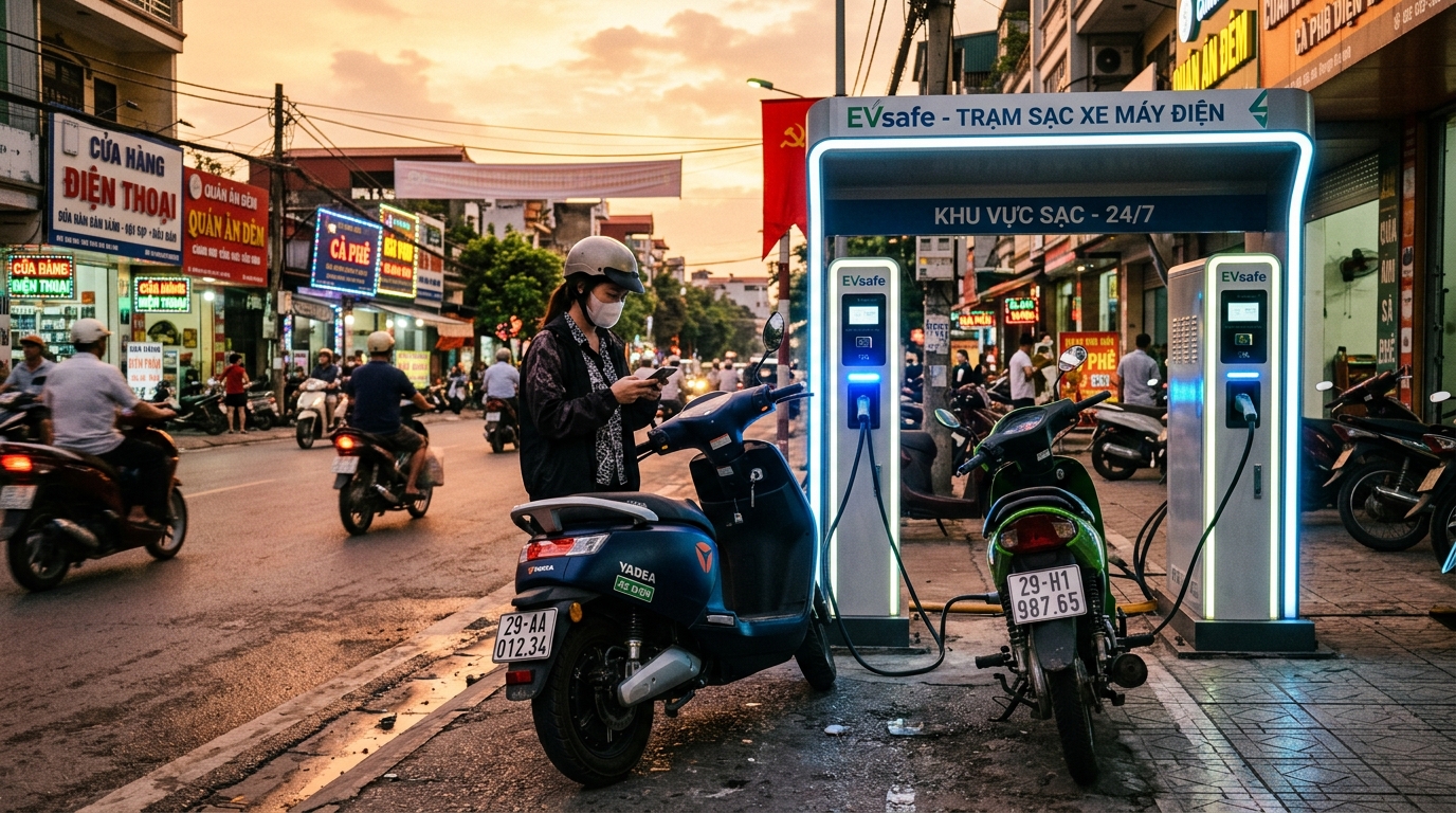 Trạm sạc xe máy điện hiện đại với đèn LED sáng rực tại hoàng hôn, thiết kế tương lai, tọa lạc trên đường phố đô thị với ánh sáng ấm áp buổi chiều tà