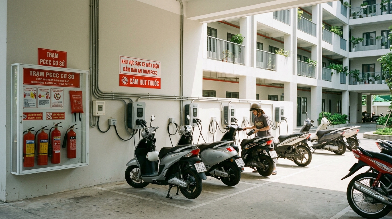 Trạm sạc xe máy điện nhà trọ hiện đại với thiết bị PCCC đầy đủ, tòa nhà trọ hiện đại, ánh sáng ban ngày, không gian an toàn và tiện nghi