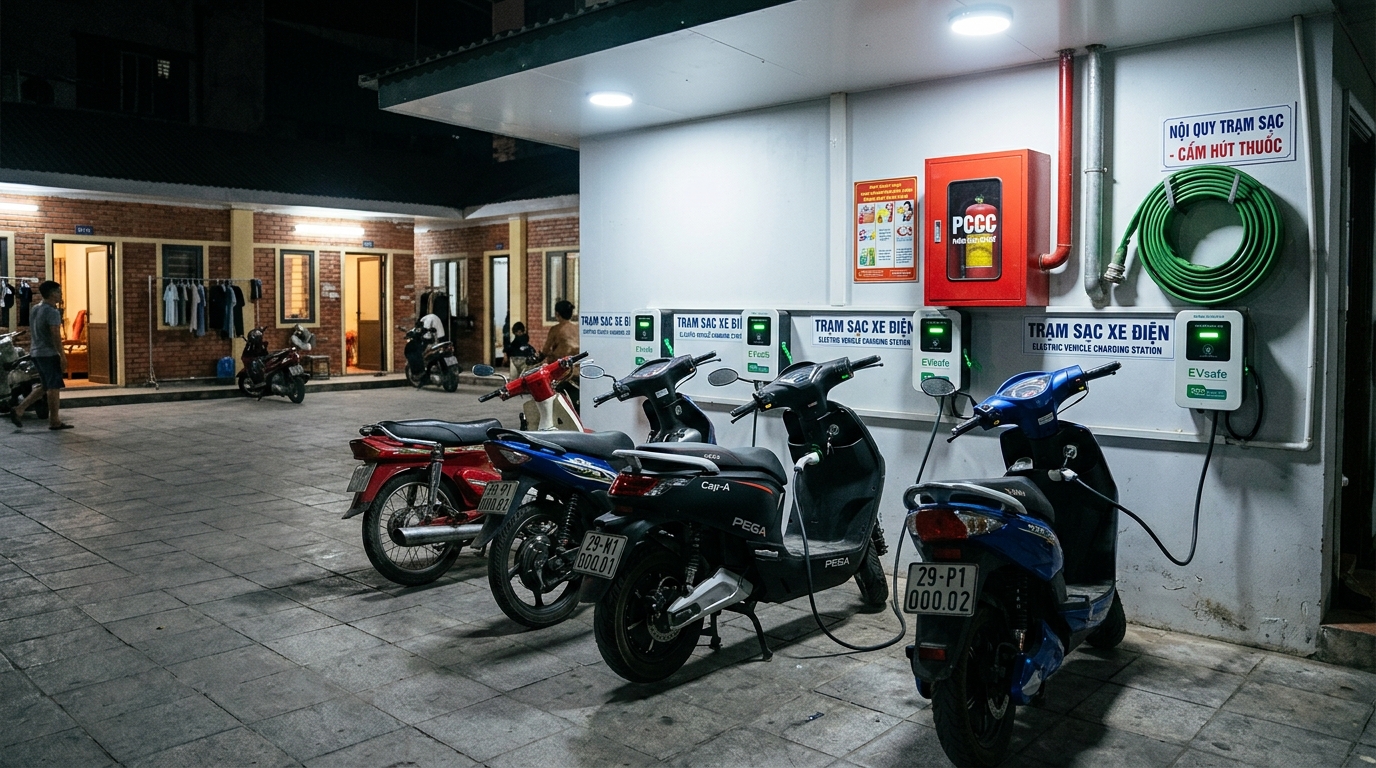 Trạm sạc xe máy điện hiện đại tại nhà trọ với đèn LED sáng, nhiều xe máy đang sạc, tính năng an toàn PCCC rõ ràng, không gian buổi tối an ninh