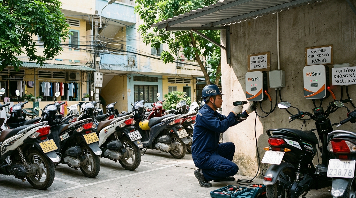 Kỹ thuật viên chuyên nghiệp lắp đặt trạm sạc EVsafe tại khu vực để xe nhà trọ, thiết bị hiện đại, ánh sáng ban ngày rõ ràng, ghi lại quá trình thi công kỹ thuật