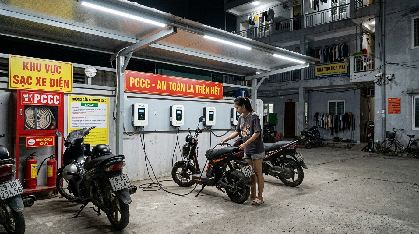 Trạm sạc xe máy điện hiện đại được lắp đặt tại nhà trọ với các tính năng an toàn PCCC, đèn LED sáng và nhiều cổng sạc trong khu vực để xe rộng rãi