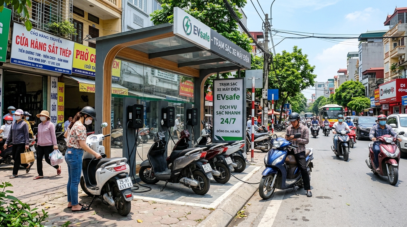 Trạm sạc xe máy điện tại quận Đống Đa với thiết kế hiện đại, đặt trên đường phố đông đúc, có biển chỉ dẫn rõ ràng và người đi bộ qua lại trong ngày nắng đẹp
