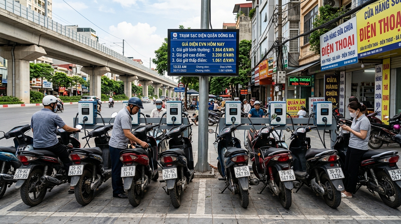 Trạm sạc xe máy điện tại quận Đống Đa với nhiều xe đang sạc, màn hình hiển thị giá điện EVN, không gian đô thị hiện đại, ánh sáng ban ngày tự nhiên
