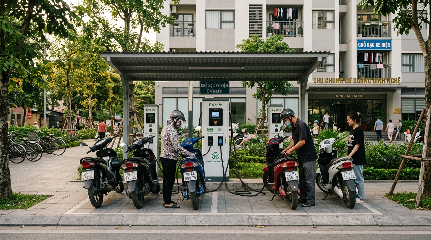 Trạm sạc xe máy điện được lắp đặt tại khu chung cư ở quận Đống Đa với nhiều cư dân đang sạc xe trong không gian đô thị hiện đại, cây xanh và vỉa hè xung quanh