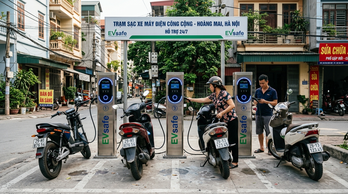 Trạm sạc xe máy điện hiện đại tại quận Hoàng Mai với các cột sạc có đèn LED, khu vực đô thị với nhà dân xung quanh, ánh sáng ban ngày rõ ràng chiếu sáng toàn bộ khung cảnh