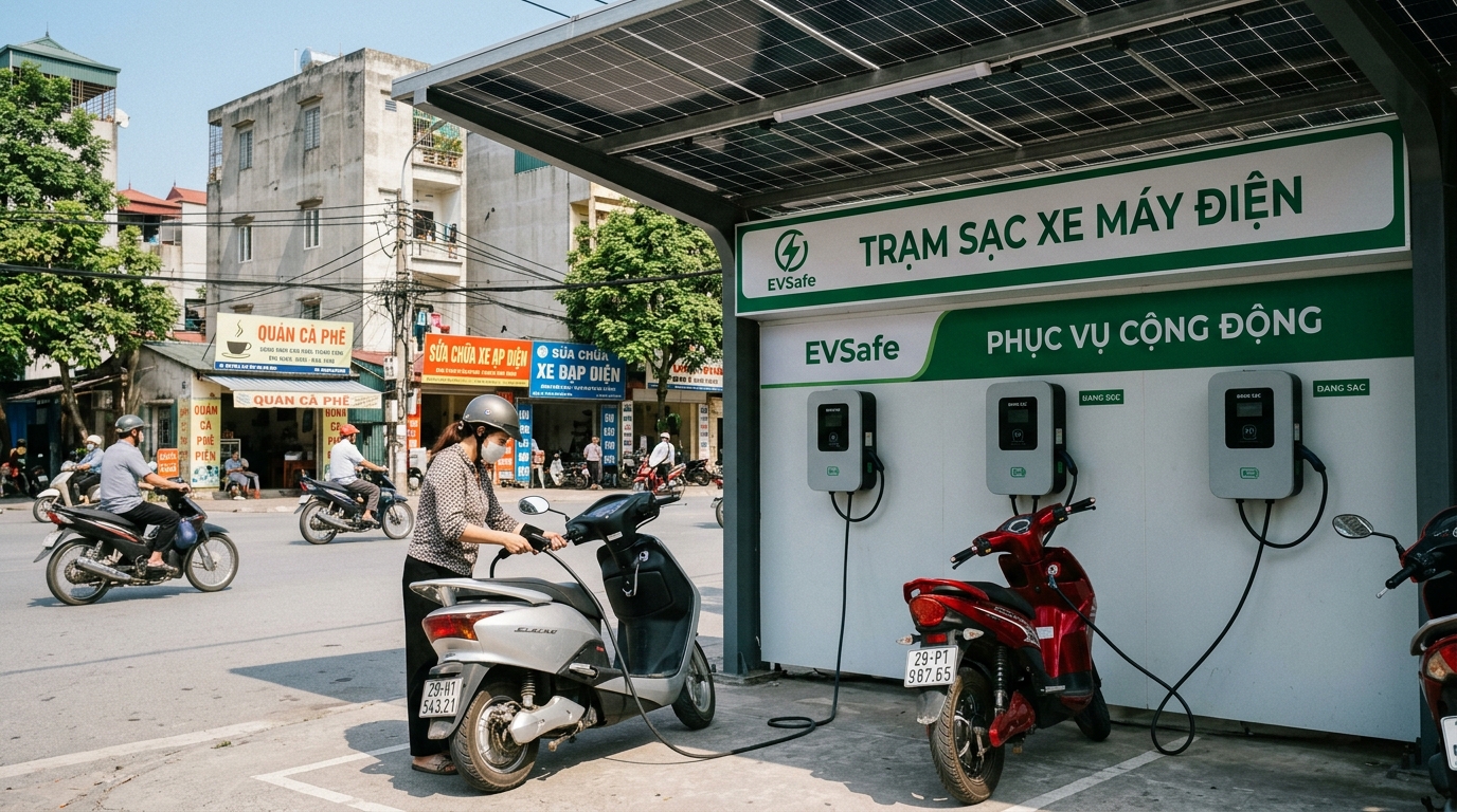 Trạm sạc xe máy điện quận Hoàng Mai hiện đại với tấm pin năng lượng mặt trời, dây sạc kết nối, thiết kế sang trọng trong không gian đô thị ngày nắng đẹp