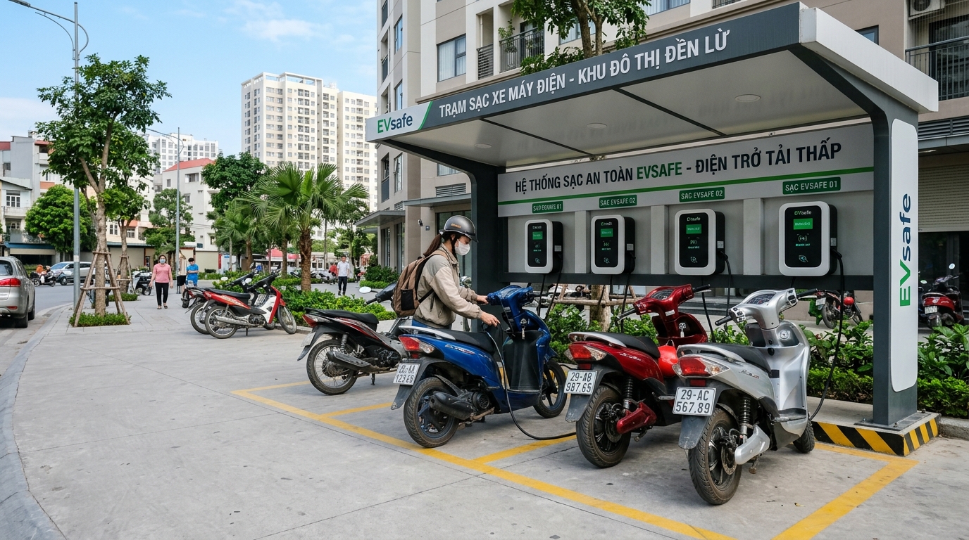 Trạm sạc xe máy điện quận Hoàng Mai với nhiều điểm sạc hiện đại trong khu vực đô thị sạch sẽ, ánh sáng ban ngày rõ ràng và kiến trúc đương đại