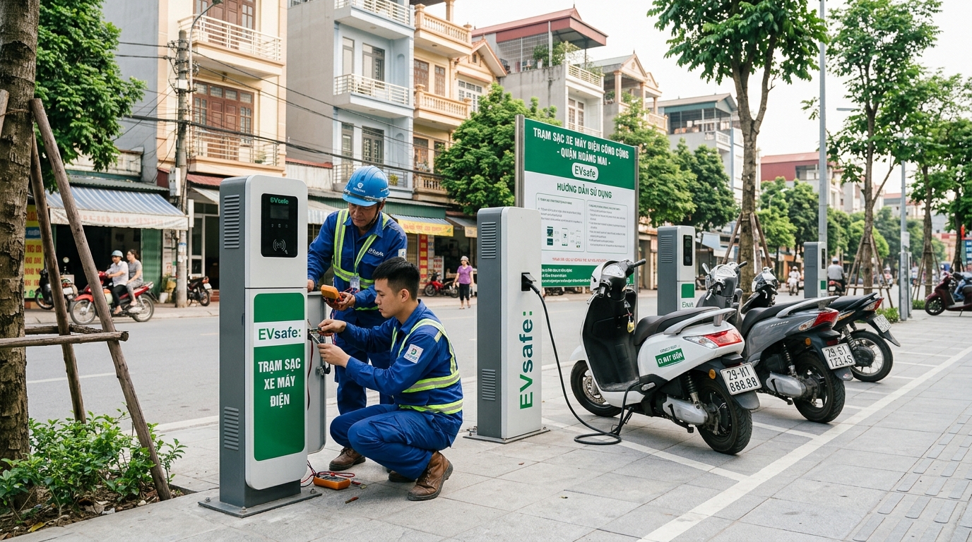 Trạm sạc xe máy điện quận Hoàng Mai với đội ngũ kỹ thuật viên chuyên nghiệp đang lắp đặt thiết bị, không gian đô thị sạch sẽ, ánh sáng ban ngày rõ ràng