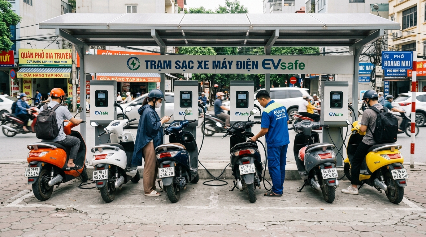 Trạm sạc xe máy điện hiện đại tại quận Hoàng Mai với nhiều điểm sạc, thiết kế hiện đại, không gian đô thị năng động và ánh sáng ban ngày rõ ràng