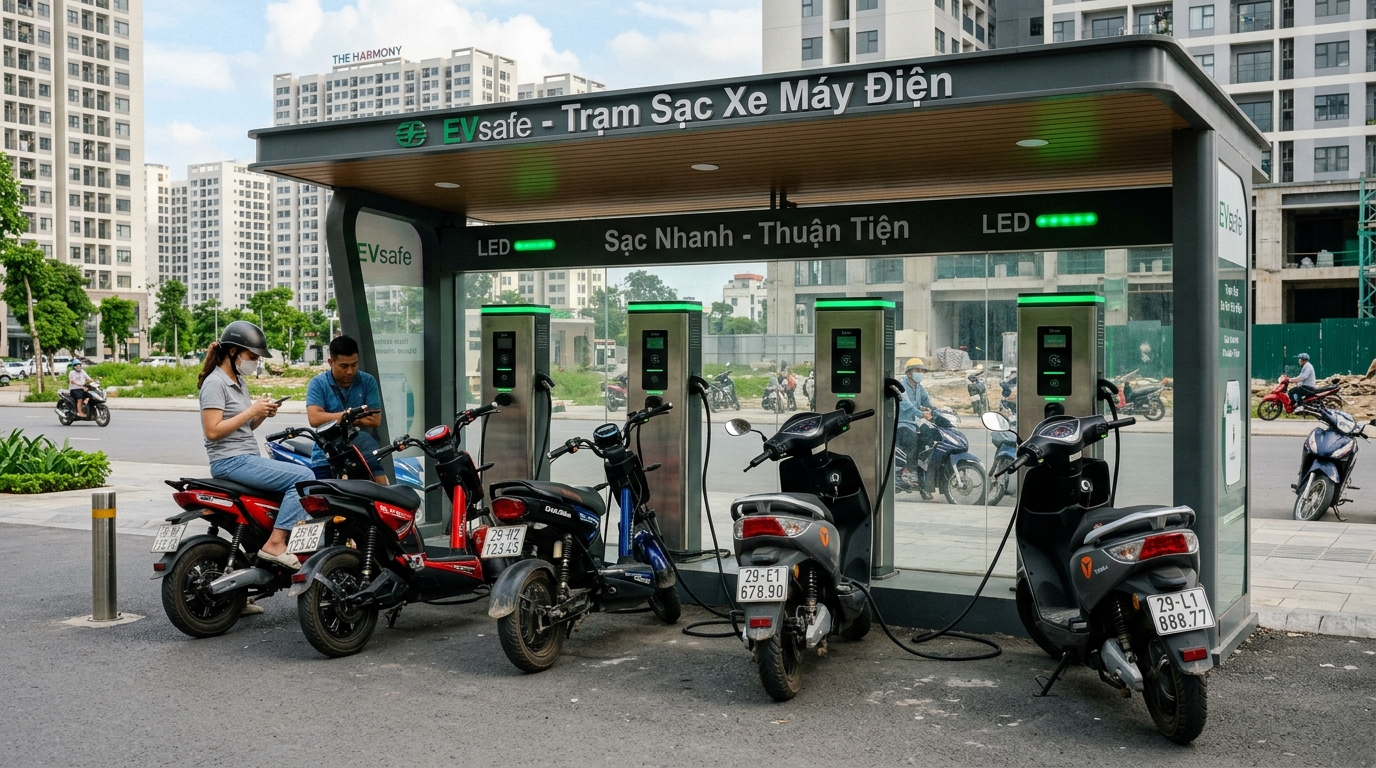 Trạm sạc xe máy điện hiện đại tại quận Long Biên với thiết kế tinh tế, đèn LED chỉ báo và khung cảnh đô thị xung quanh trong ánh sáng ban ngày rõ ràng