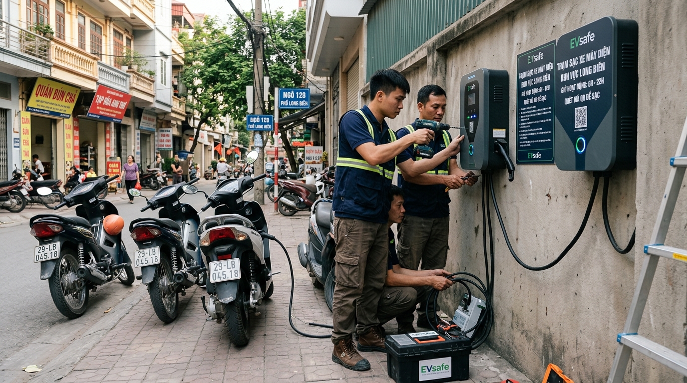 Trạm sạc xe máy điện đang được lắp đặt tại quận Long Biên với đội ngũ kỹ thuật viên làm việc chuyên nghiệp, thiết bị sạc hiện đại và khung cảnh khu dân cư xung quanh