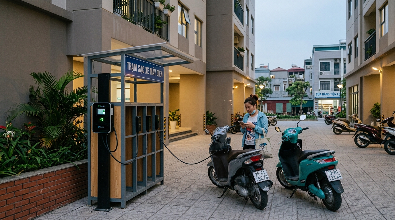 Trạm sạc xe máy điện được lắp đặt trong khuôn viên chung cư mini tại quận Long Biên, thiết kế hiện đại hòa hợp với cảnh quan đô thị mới phát triển