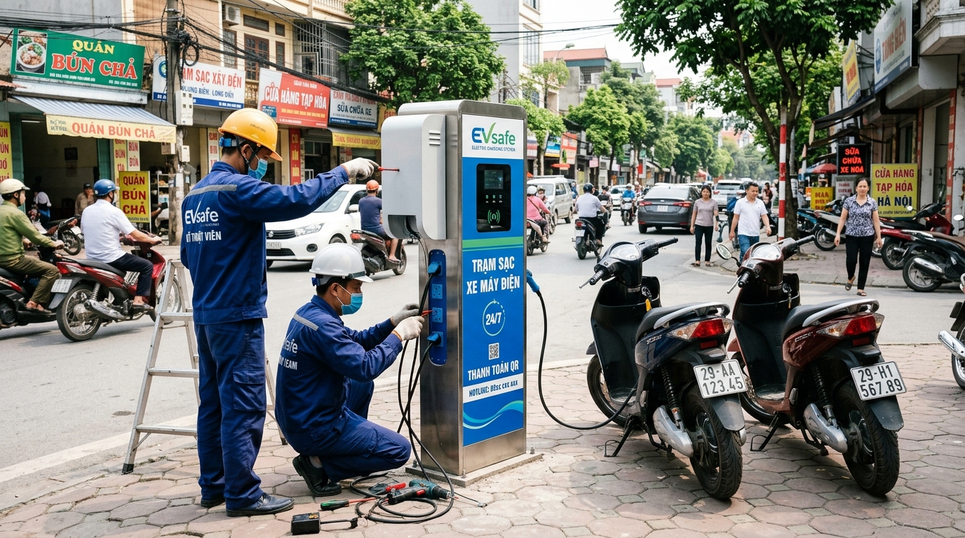 Đội ngũ chuyên gia đang lắp đặt trạm sạc xe máy điện tại quận Long Biên, khung cảnh đô thị hiện đại, ánh sáng ban ngày rõ nét, quy trình kỹ thuật chính xác