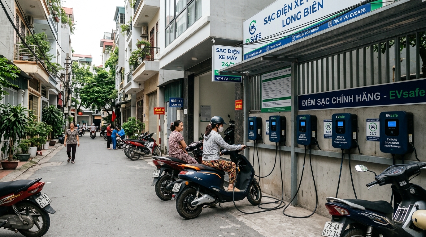 Trạm sạc xe máy điện hiện đại tại quận Long Biên với nhiều điểm sạc, thiết kế hiện đại, tích hợp trong khu vực dân cư, ánh sáng ban ngày rõ nét, phong cách kiến trúc đương đại