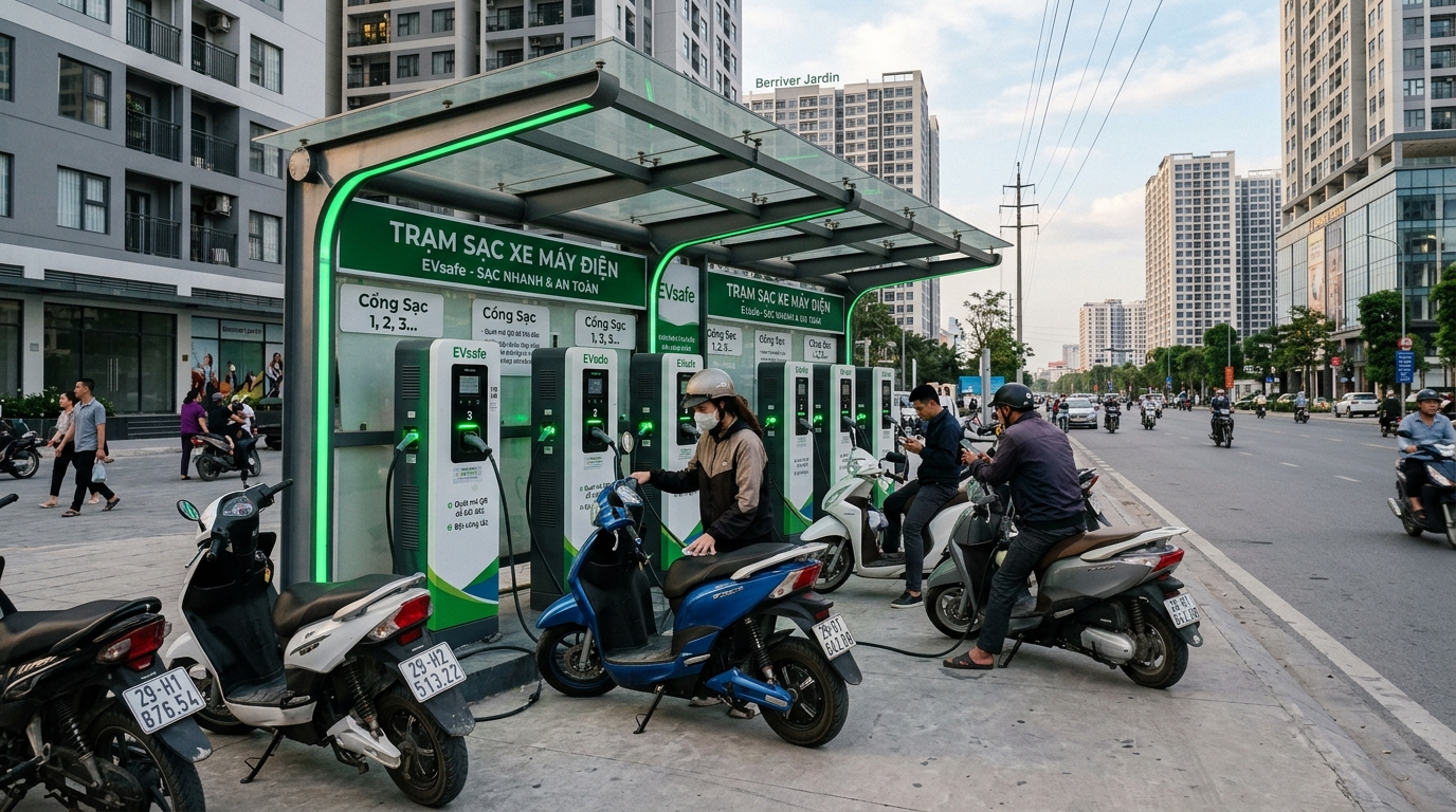Trạm sạc xe máy điện quận Long Biên với thiết kế hiện đại, nhiều cổng sạc và đèn LED xanh, tọa lạc trong khu vực đô thị mới phát triển