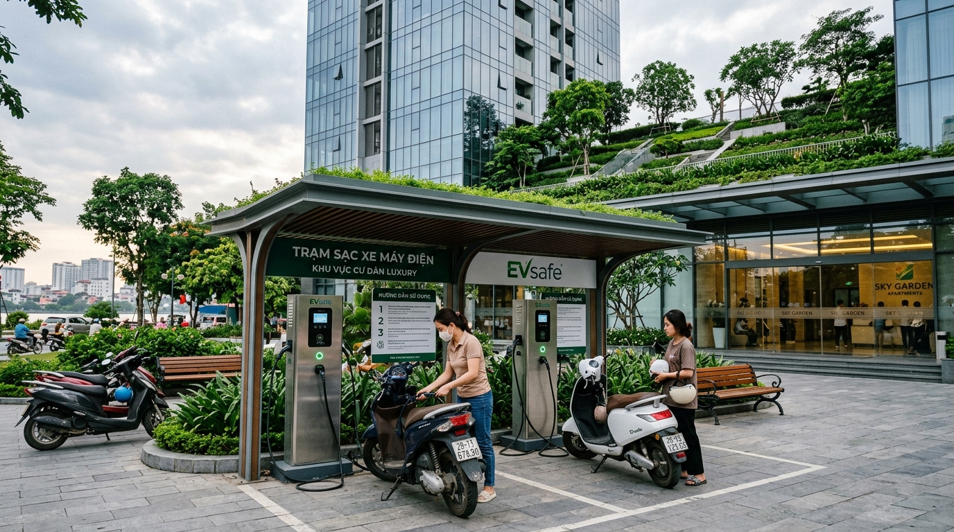 Trạm sạc xe máy điện hiện đại tại khu chung cư cao cấp quận Tây Hồ với thiết kế sang trọng, tích hợp trong tòa nhà kính và khu vườn trên mái xanh mát