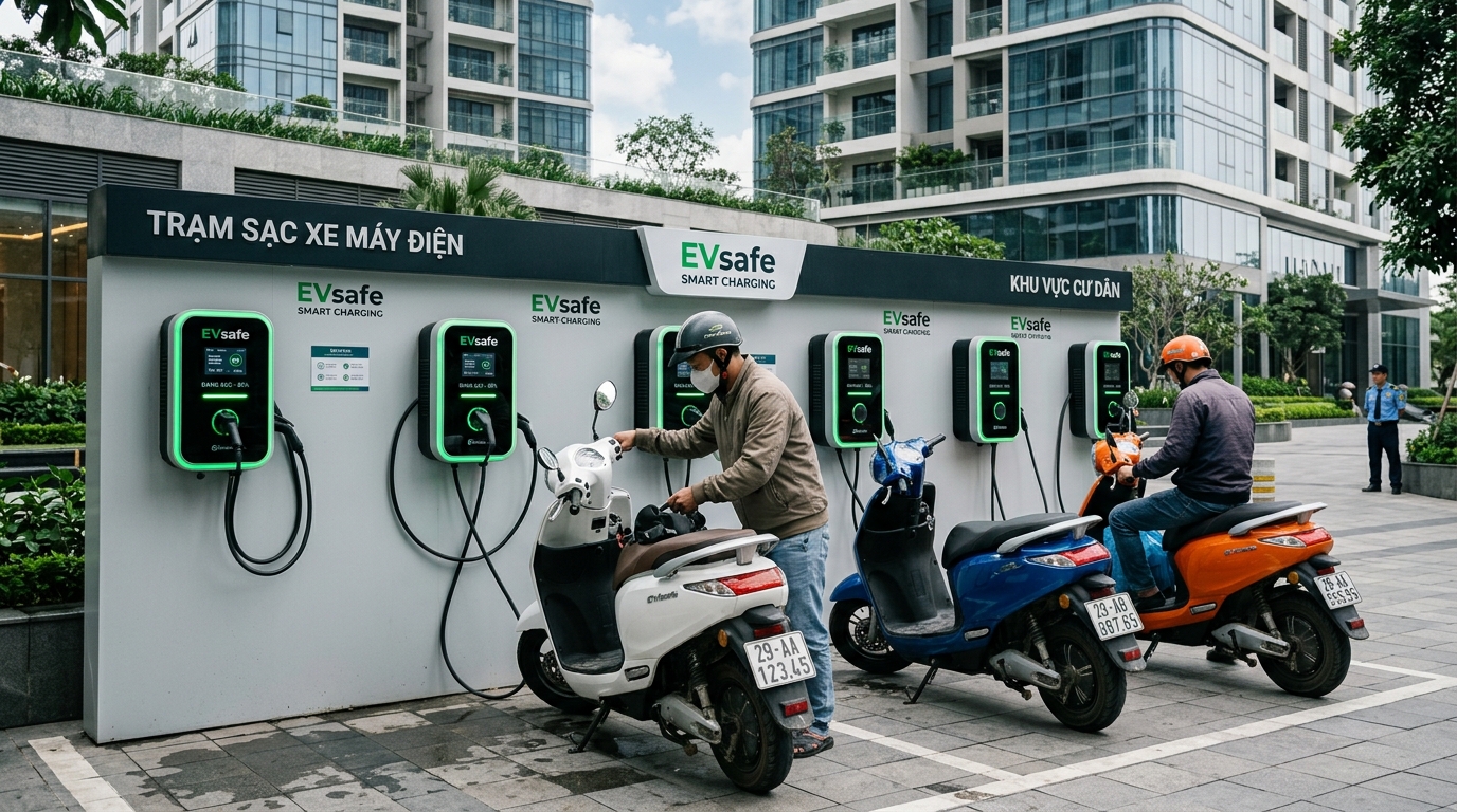 Trạm sạc xe máy điện hiện đại tại khu chung cư cao cấp quận Tây Hồ với các thiết bị sạc thông minh, đèn LED chỉ thị và kiến trúc sang trọng