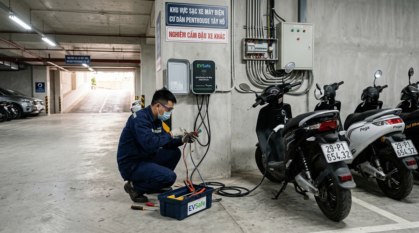 Kỹ thuật viên lắp đặt trạm sạc xe máy điện tại chung cư cao cấp ở quận Tây Hồ, hệ thống điện hiện đại, cảnh quan khu dân cư sang trọng
