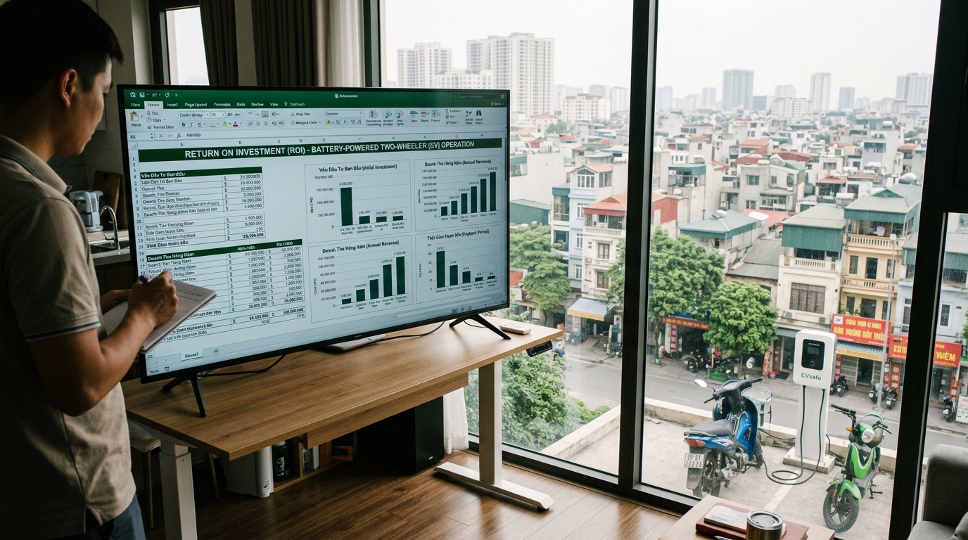 Bảng tính ROI chi tiết hiển thị trên màn hình lớn trong căn hộ cao cấp Tây Hồ, với biểu đồ thanh và chỉ số tài chính, tầm nhìn thành phố qua cửa sổ kính
