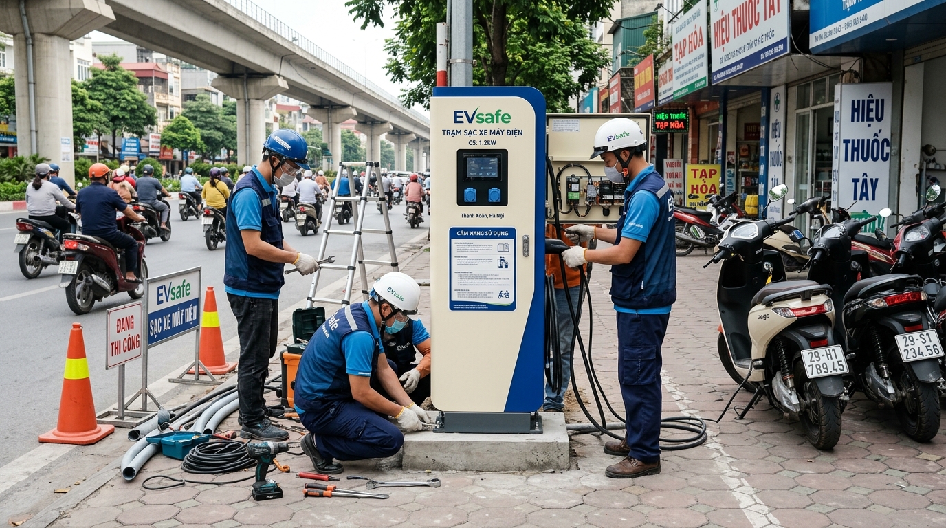 Quy trình lắp đặt trạm sạc xe máy điện tại quận Thanh Xuân với đội ngũ kỹ thuật chuyên nghiệp đang thi công thiết bị hiện đại trong ánh sáng ban ngày rõ nét