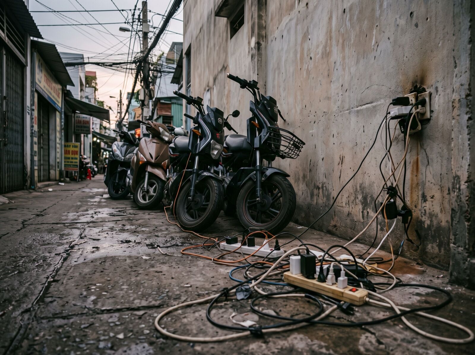 Cảnh sạc xe điện không an toàn với ổ cắm chằng chịt trong hẻm nhà trọ