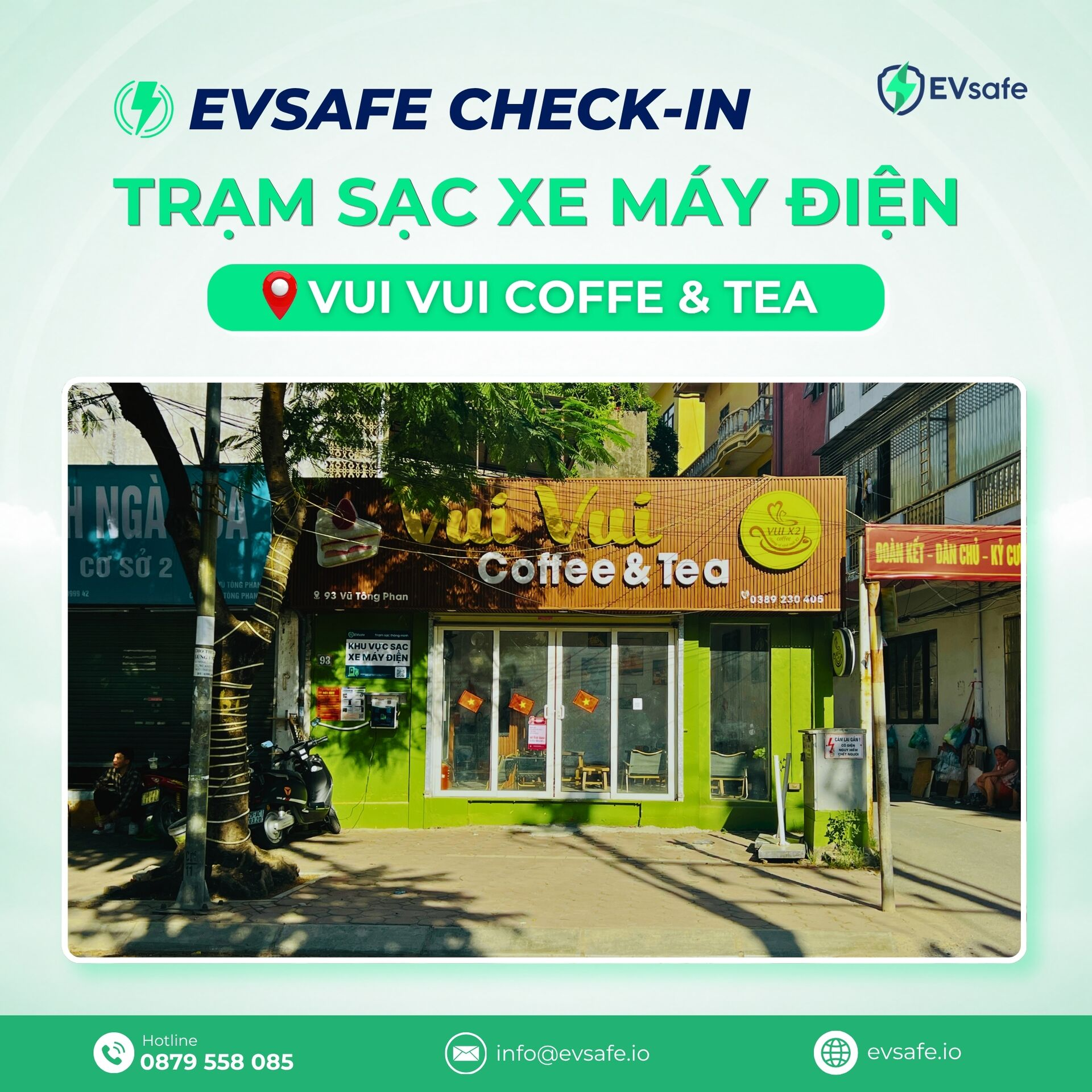 EVsafe check in trạm sạc xe máy điện F& B mới tại Hà Nội - Vui Vui Coffee