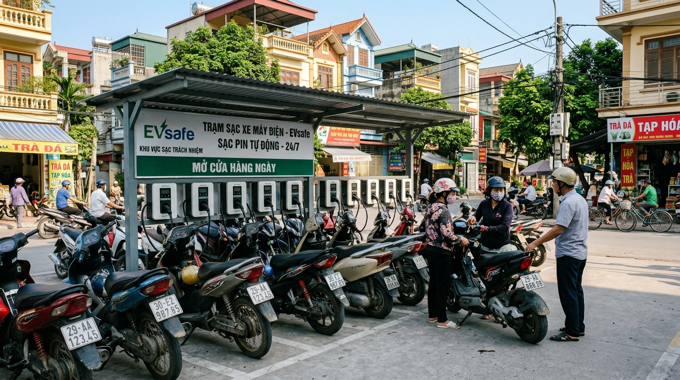 Trạm sạc xe máy điện nhộn nhịp tại khu dân cư, nhiều xe đang sạc đồng thời, không gian đô thị hiện đại, ánh sáng ban ngày rực rỡ, màu sắc tươi sáng