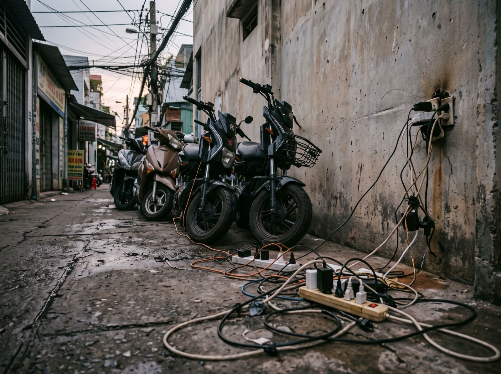 Cảnh sạc xe điện không an toàn với ổ cắm chằng chịt trong hẻm nhà trọ