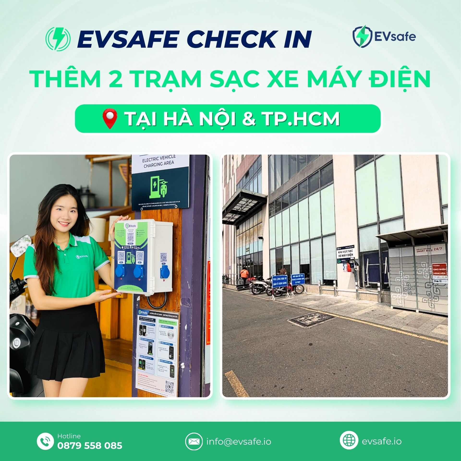 EVSAFE check in 2 trạm sạc xe máy điện mới tại Hà Nội và TP. Hồ Chí Minh