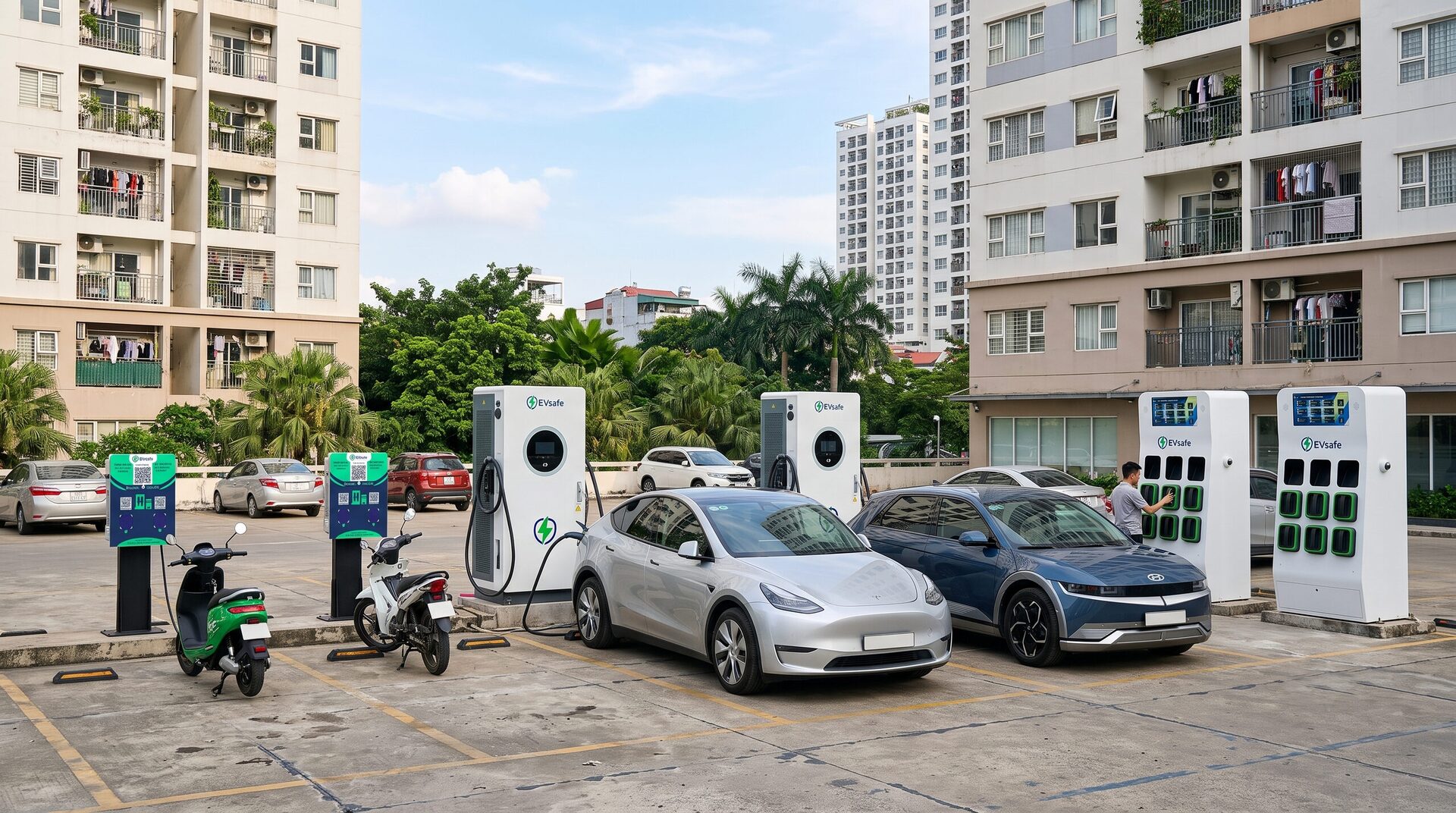 EVsafe electric car and motorbike charging station at a parking lot