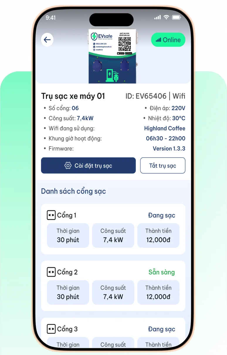 Charging post parameter setup screen in the EVsafe Partners app