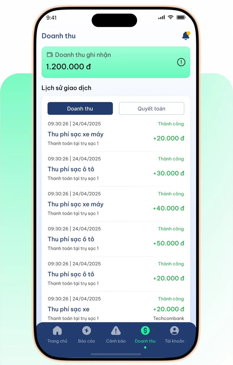 Transaction history and cash-flow screen in the EVsafe Partners app